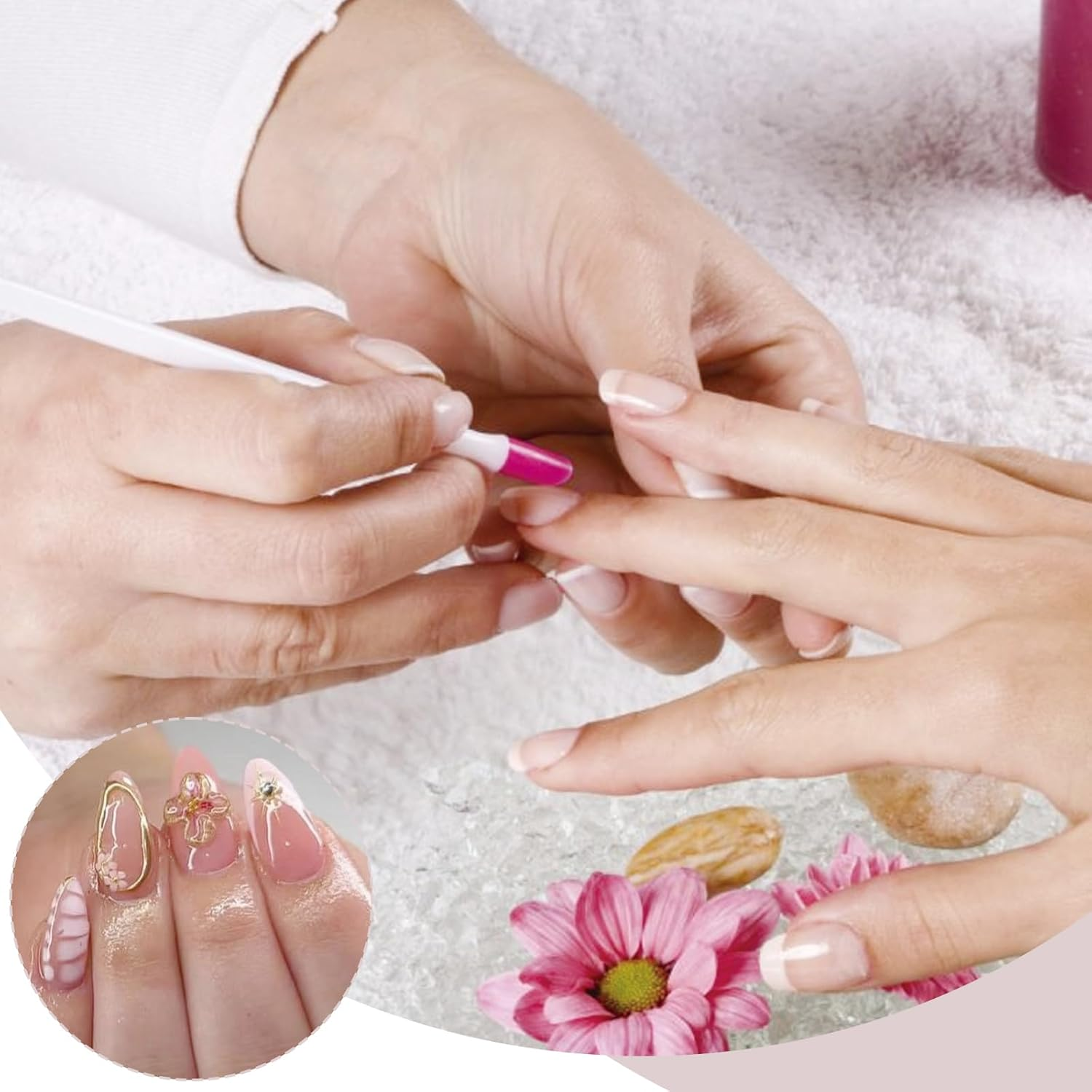 Mrltau 24 Pieces Spring Press on Nails Short, Skin Colour Pink Fingernails for Sticking, 3D Flower Beads Jewellery Fake Nails, French Lace Full Cover Artificial Nails Short image number 1