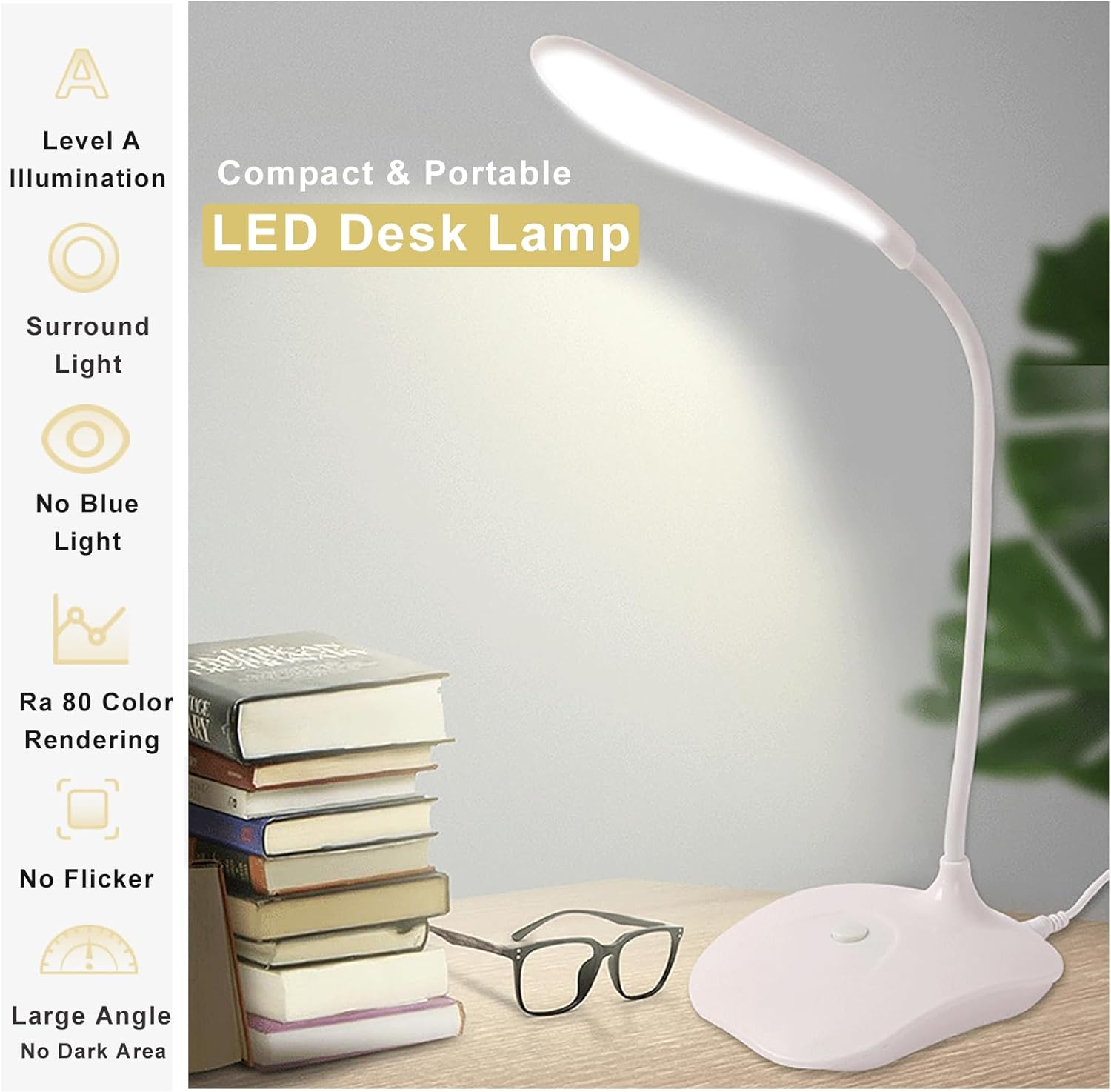 Jieruideng LED Desk Lamp USB Cable and 3 AA Batteries Operated- Flexible Gooseneck, Eye Caring, Bright Reading Light for Study Dorm Office (1) image number 4