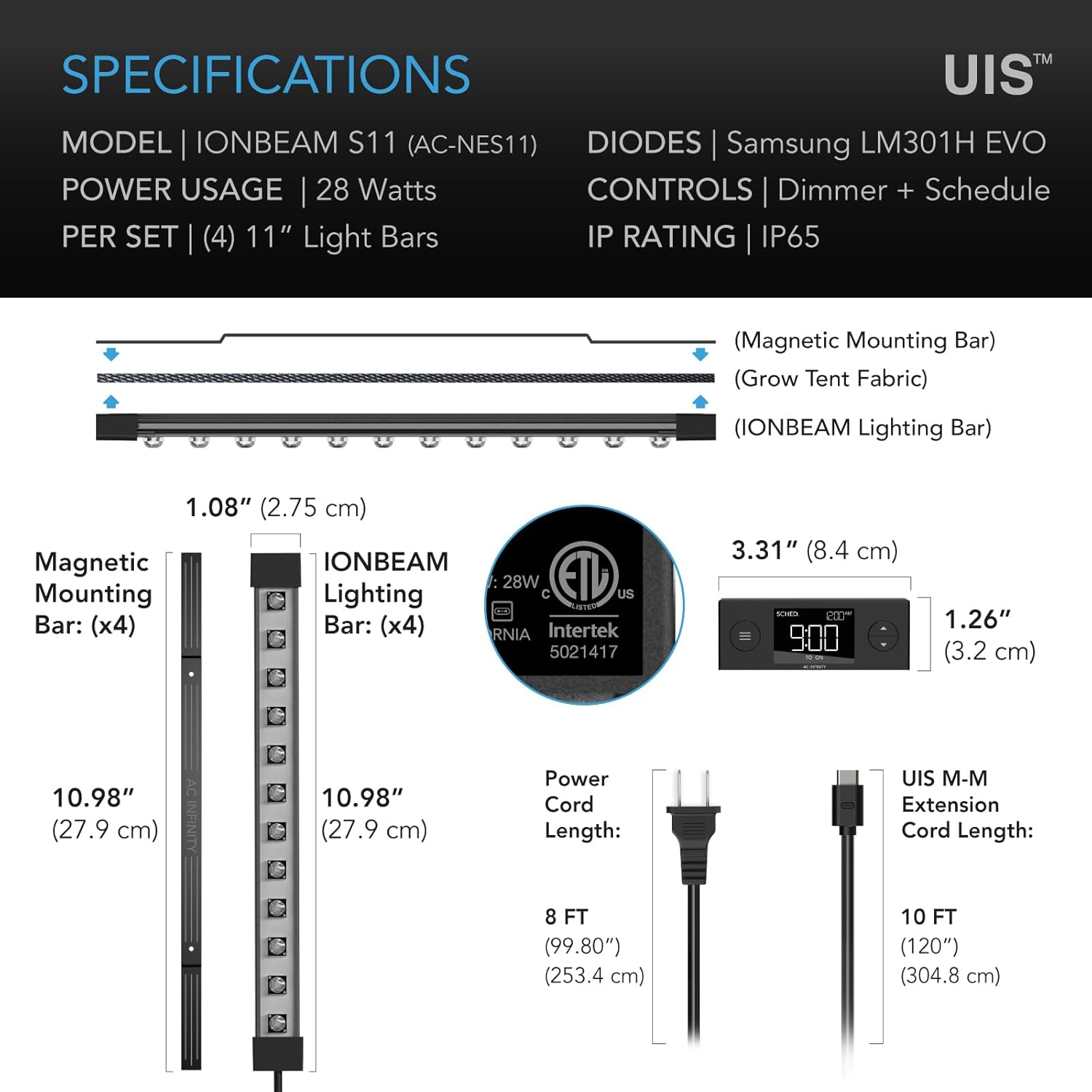 AC Infinity IONBEAM S11, Full Spectrum LED Grow Light Bars 11&rdquo;, Deeper Penetration Samsung LM301H EVO Diodes and Digital Dimming Timer Controller, for Veg Bloom Indoor Plants, Grow Tents, Greenhouses image number 3