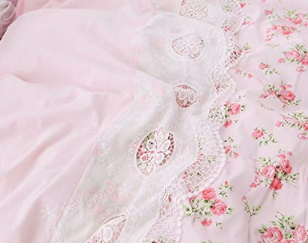 LELVA Romantic Roses Print Duvet Cover Set with Bed Skirt Pink Lace Ruffle Floral Shabby Chic Bedding Sets Twin 4 Piece image number 5