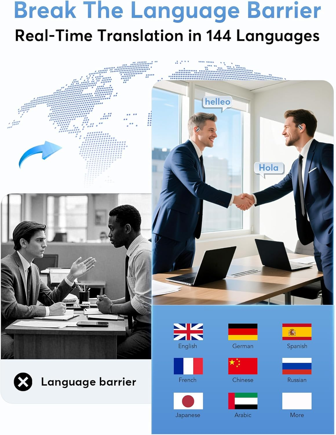 AI Language Translation Earbuds Real-Time, 144 Languages & Accents, Audifonos Traductores Ingl&eacute;s Espa&ntilde;ol, Compatible with Ios & Android, Ideal for Travel, Business, Learning (Deep Black) image number 3