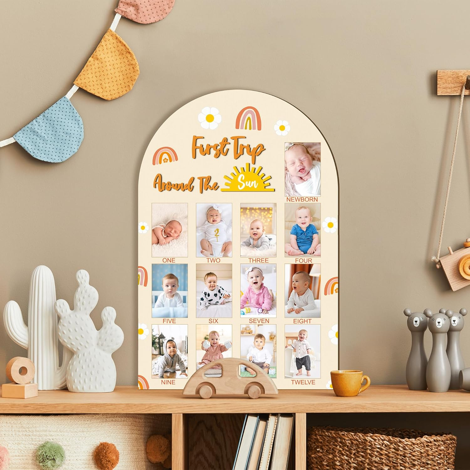 R HORSE My First Year Photo Frame Board, 3D Boho Sun Rainbow Display Wood Board, Baby&rsquo;S 1St Year Picture Frame, 12 Months Milestone One Year Old Birthday Decoration, Baby Keepsake Gift for Boy Girl image number 6