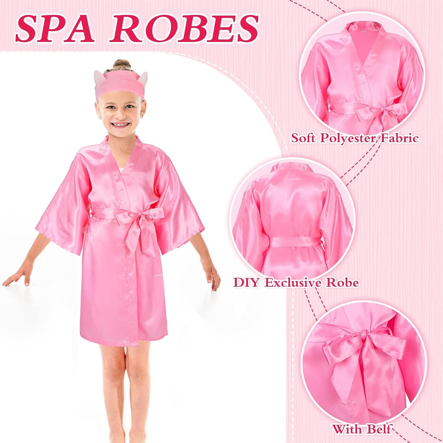 30 Pcs Spa Party Supplies for Girls Kid Satin Kimono Robe Foam Slippers Eye Mask Spa Headband Bow Hair Band(Pink, 10 Yard) image number 6