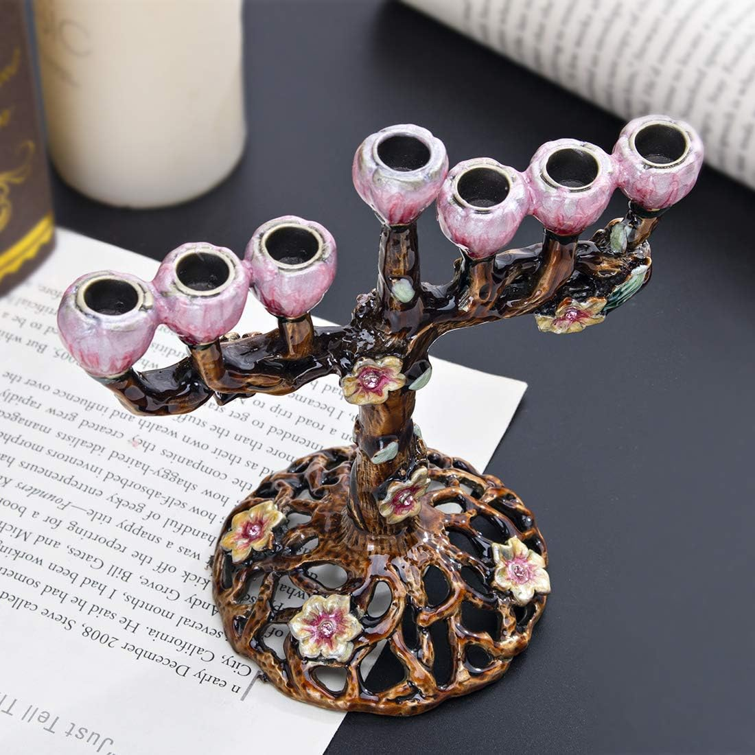 7 Branch Menorah Hanukkah Candle Holders Menorahs for Chanukah Hand-Painted Tree of Flowers Jewish Decorations image number 4