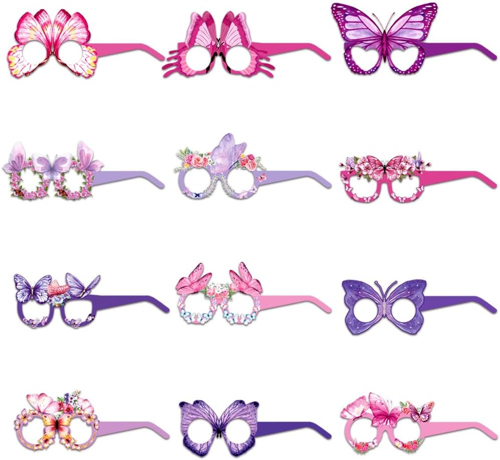 Butterfly Paper Glasses Party Decorations, Photography Props, 12 Pack, Pink and Purple image number 1