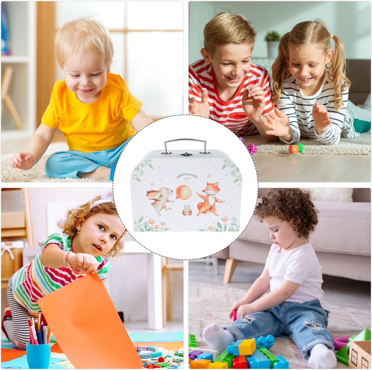 FRCOLOR Paperboard Suitcase Storage Box 9.8 Inch Kids Portable Toy Organizer DIY Craft Box for Birthday Party and Home Decoration image number 4