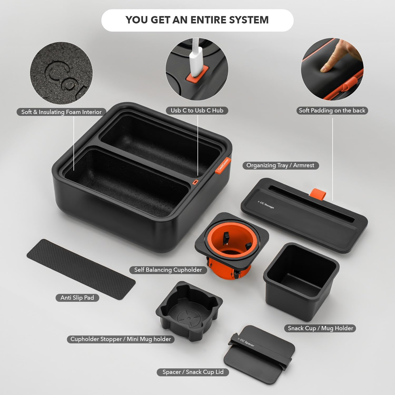 Couchconsole Original Tray - Drinks & Snacks Sofa Caddy with Armrest, Table with Phone Stand- TV Remote Control Storage and Organizer - for Living Rooms, RV, and Cars, Black/Orange image number 5