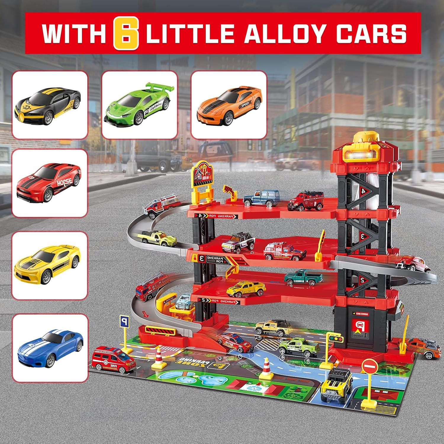 Parking Garage Toy Playset with 6 Little Alloy Construction Cars Adventure Track, Race Car Ramp Track Toys Sets Garage Playset (Red-Pack) image number 6