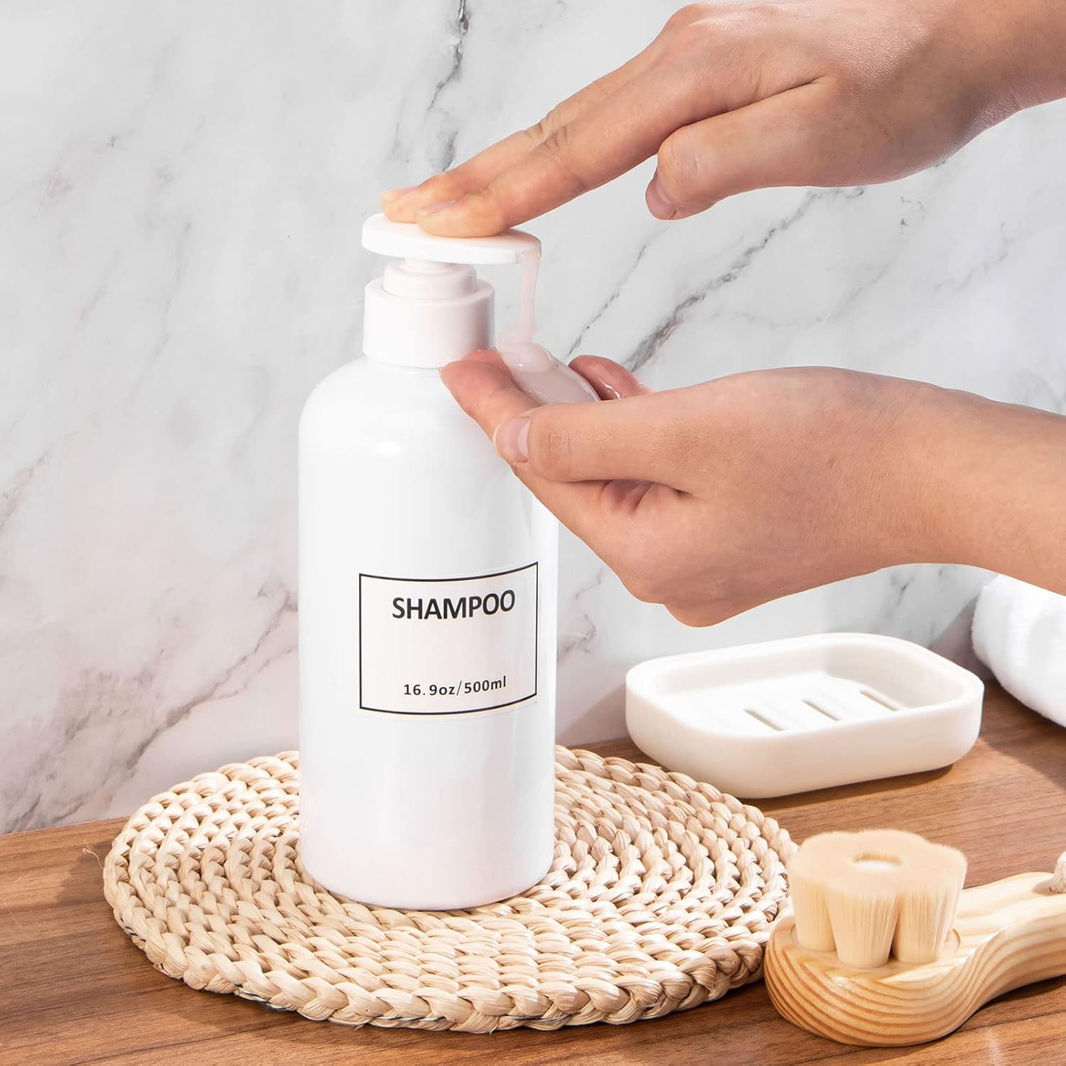 Yeeco Shampoo Bottles Refillable with Pump White Shampoo and Conditioner Pump Bottle Dispenser with Waterproof Labels 16.9Oz/500Ml 3 Packs, Shampoo Bottles for Bathroom, Kitchen, Hotel image number 2