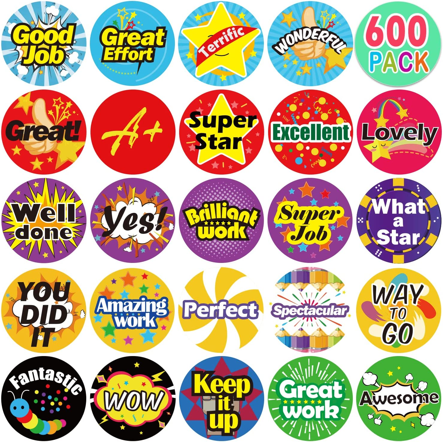 Yoklili Pack of 600 3/4" Teacher Reward Motivational Stickers for Kids, Incentive Sticker for Children Students Classroom, 24 Designs image number 3