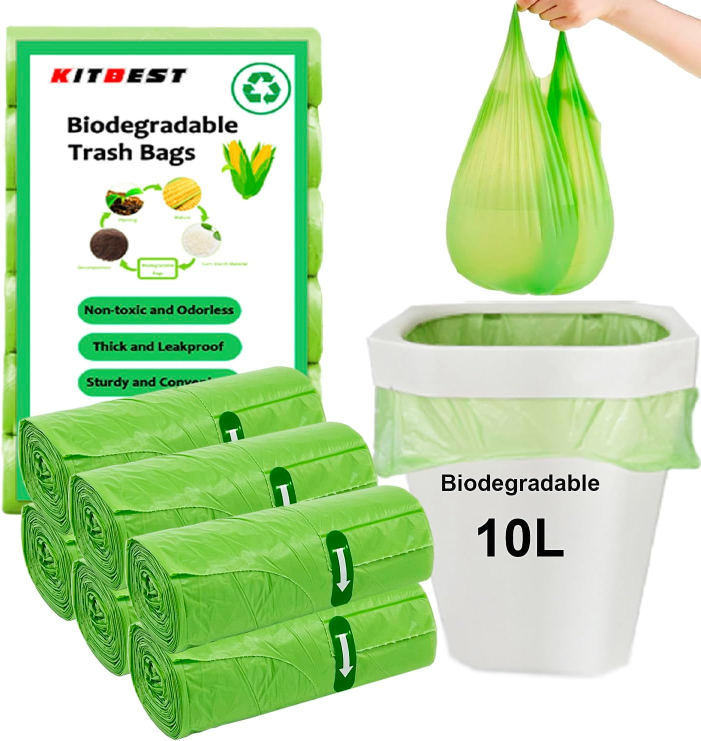 Kitbest Biodegradable Bin Bags Liners 120PCS, 10L Small Food Waste Bags Trash Bags with Handle, Green Caddy Liner Pedal, Compostable Swing Garbage Bags Bathroom Office Toilet Kitchen (45X59Cm)