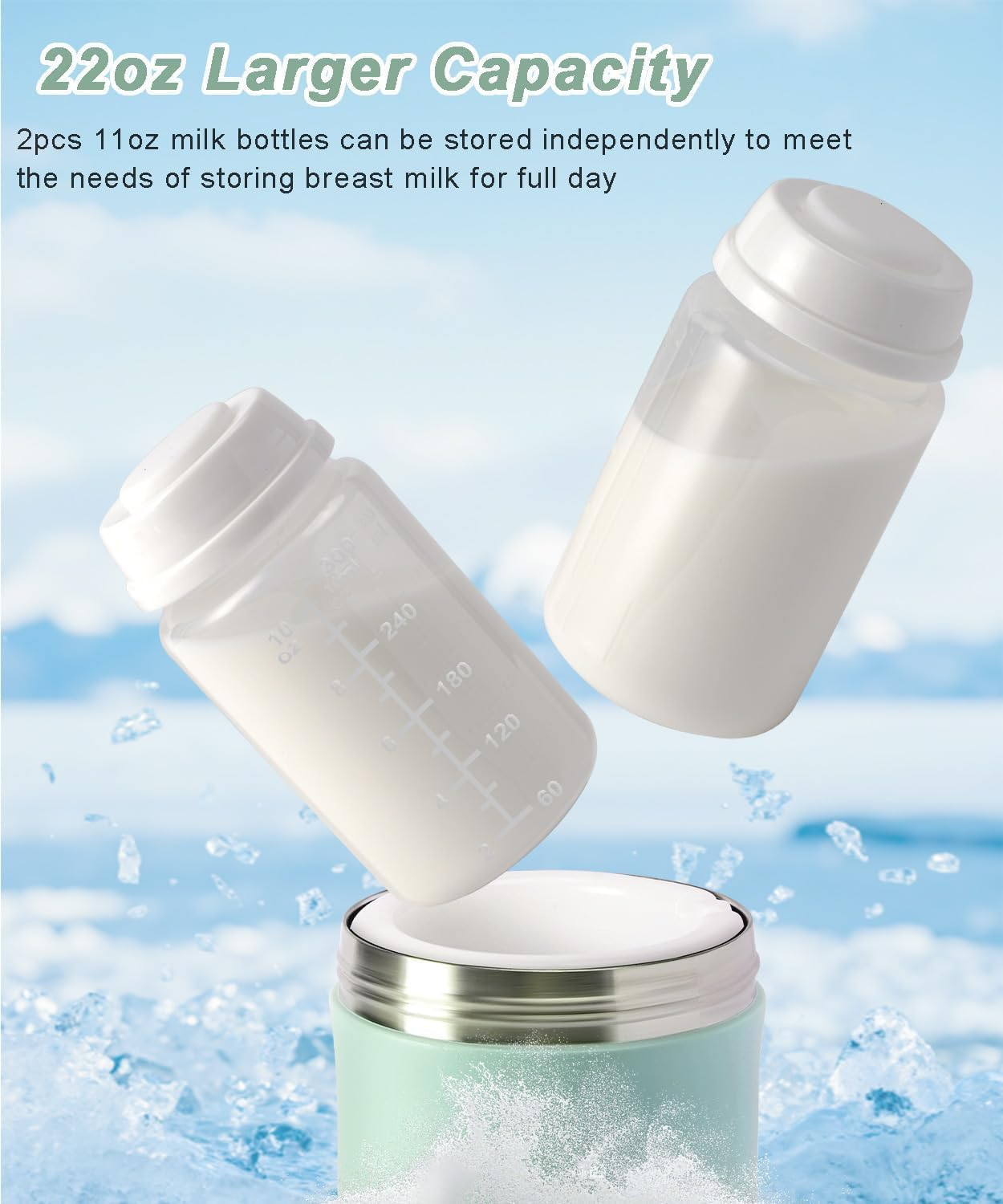 Forubar 600Ml Portable Breast Milk Cooler, Breastmilk Cooler Bottle 360&deg; Total Cooling for 24 Hours with 2Pcs Baby Bottles for Breastmilk Storage image number 3