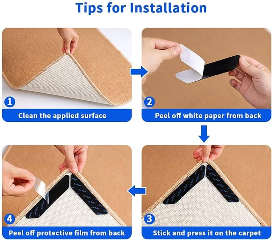 12 Pieces Anti-Slip Rug Grippers|Carpet Gripper|Carpet Tape|Rug Underlay|H HOME-MART Double Sided Washable Removable anti Curling Corner Carpet Gripper, Non Slip Renewable Rug Tape (Rectangular) image number 2