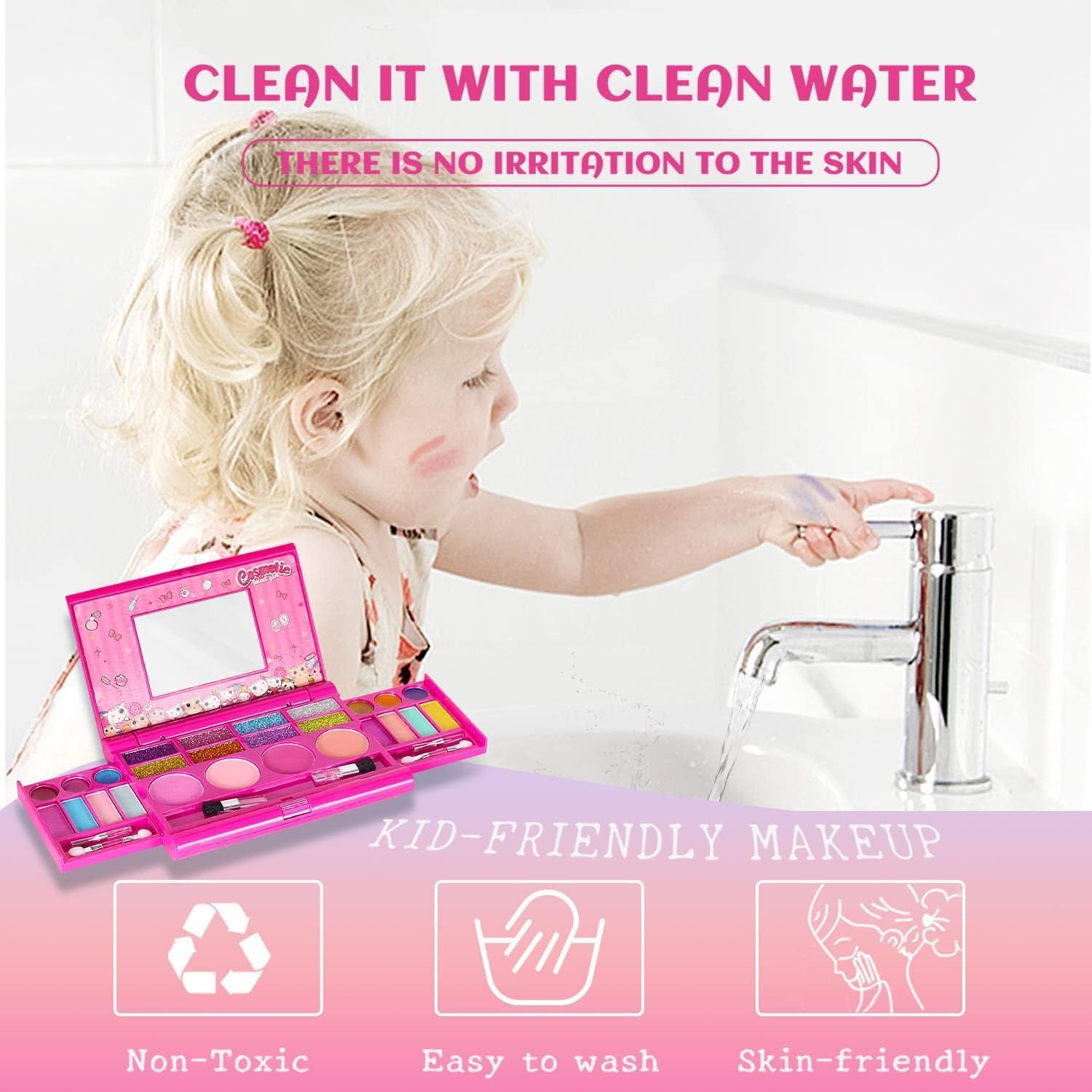 Kids Makeup Kit for Girls, Washable Makeup Girls Toy for Little Girl Princess, Play Make up Safety with Mirror, Beauty Christmas Birthday Toddler 3-12 Year Old Girls, Pink image number 1
