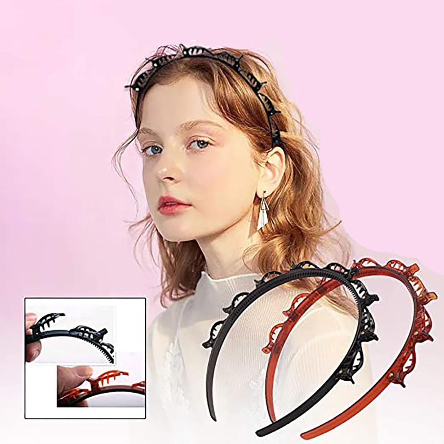 Pack of 4 Headbands with Clips, Braided Hair Clips, Women'S Bangs, Hairstyle Hairpin, Double Layer, Non-Slip, Pony Hairpin for Women, Girls, Styling Accessories image number 6