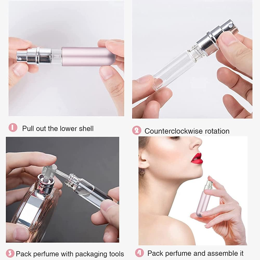 Perfume Travel Refillable,5Ml Perfume Atomisers,3 Pcs Mini Portable Spray Bottles,Round Tube Perfume Bottles Set with 1 Flat Separated Tool,For Home Business Trip Travel(Black+Blue+Champagne)(4Pcs) - Pink+Red+Silver image number 7