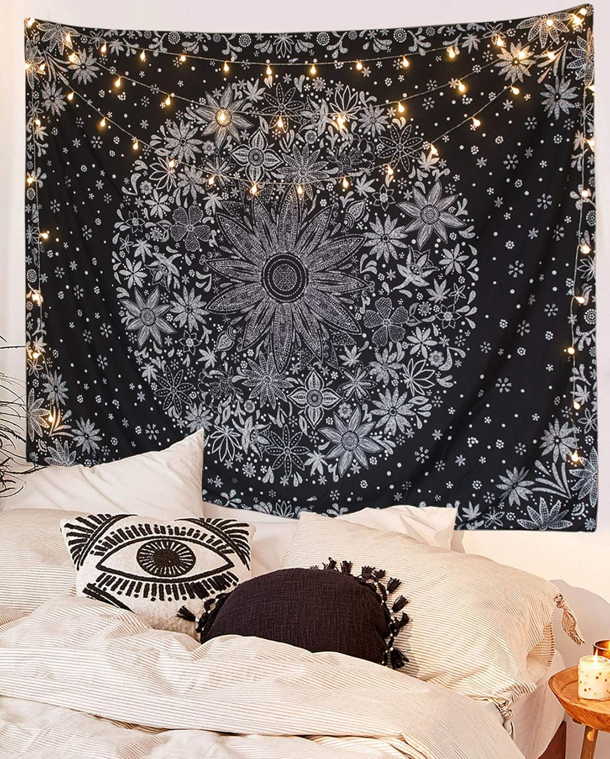 Neasow Bohemian Tapestry Wall Hanging, Black and White Floral Tapestry with Dotted Daisy Medallion Print Bedroom Boho Hippie Home Decor 36&times;48 Inch image number 4