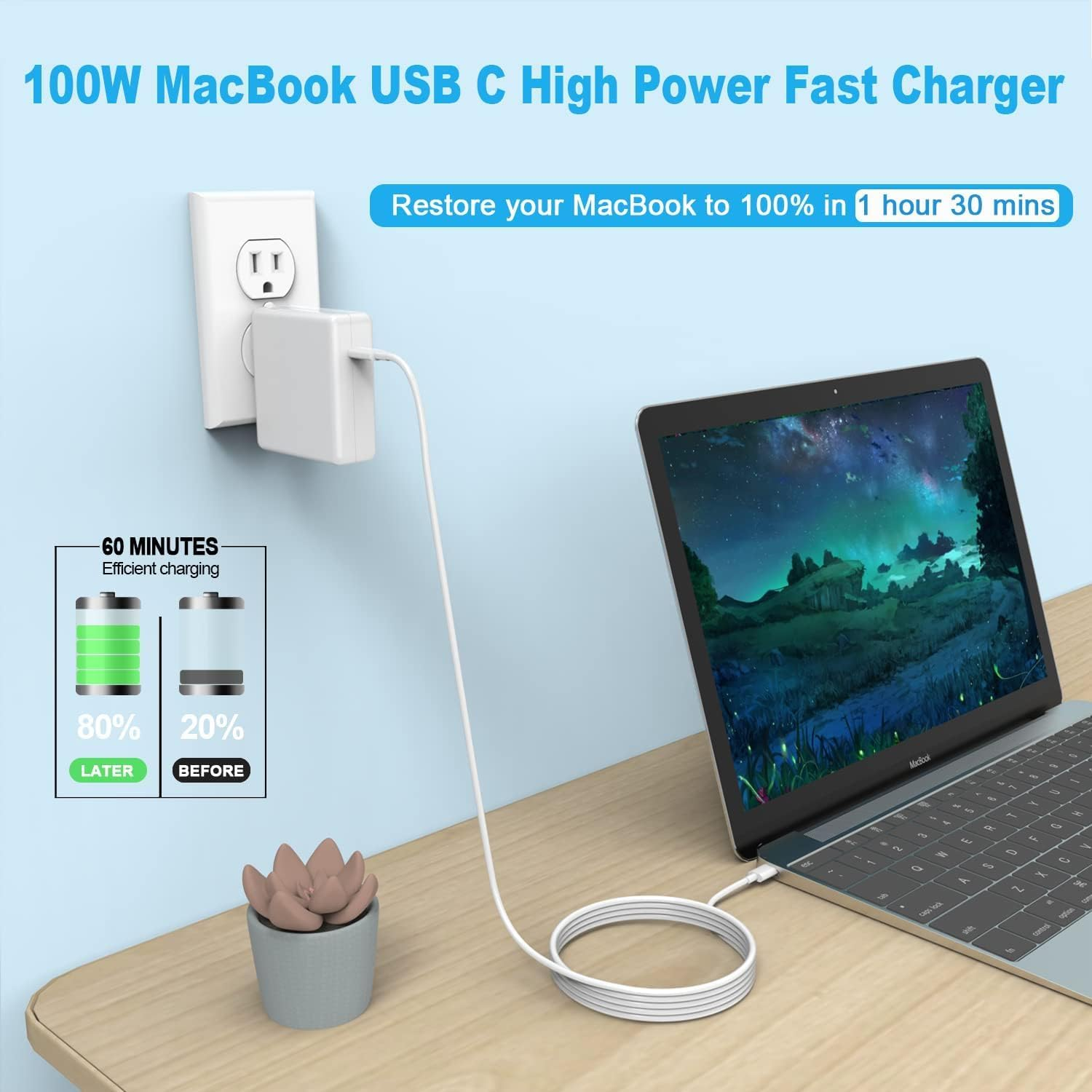 100W Macbook Pro Charger,Usb C Fast Charger Power Adapter Compatible with Macbook Air 13 Inch,Macbook Pro 16, 15, 14, 13 Inch, Ipad Pro 2023/2022/ 2021/2020/ 2019/2018...USB C to C Cable Power Adapter