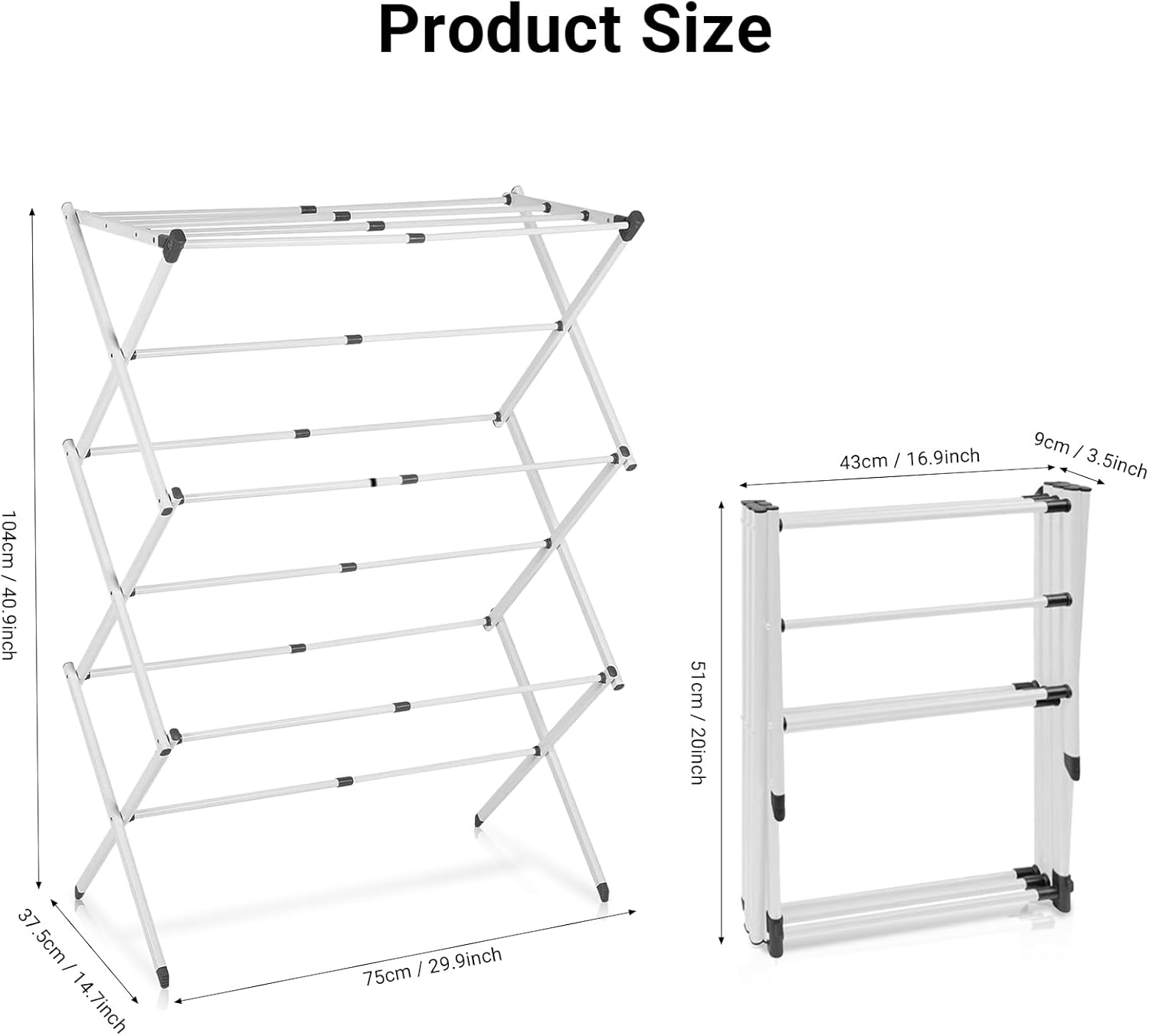LIWEGHT 3-Tiers Clothes Drying Rack, Foldable Laundry Rack, Retractable for Easy Storage, Folding Indoor and Outdoor Rack, Space-Saving, Adjustable Towel Rack, Expandable Collapsing Rack, White