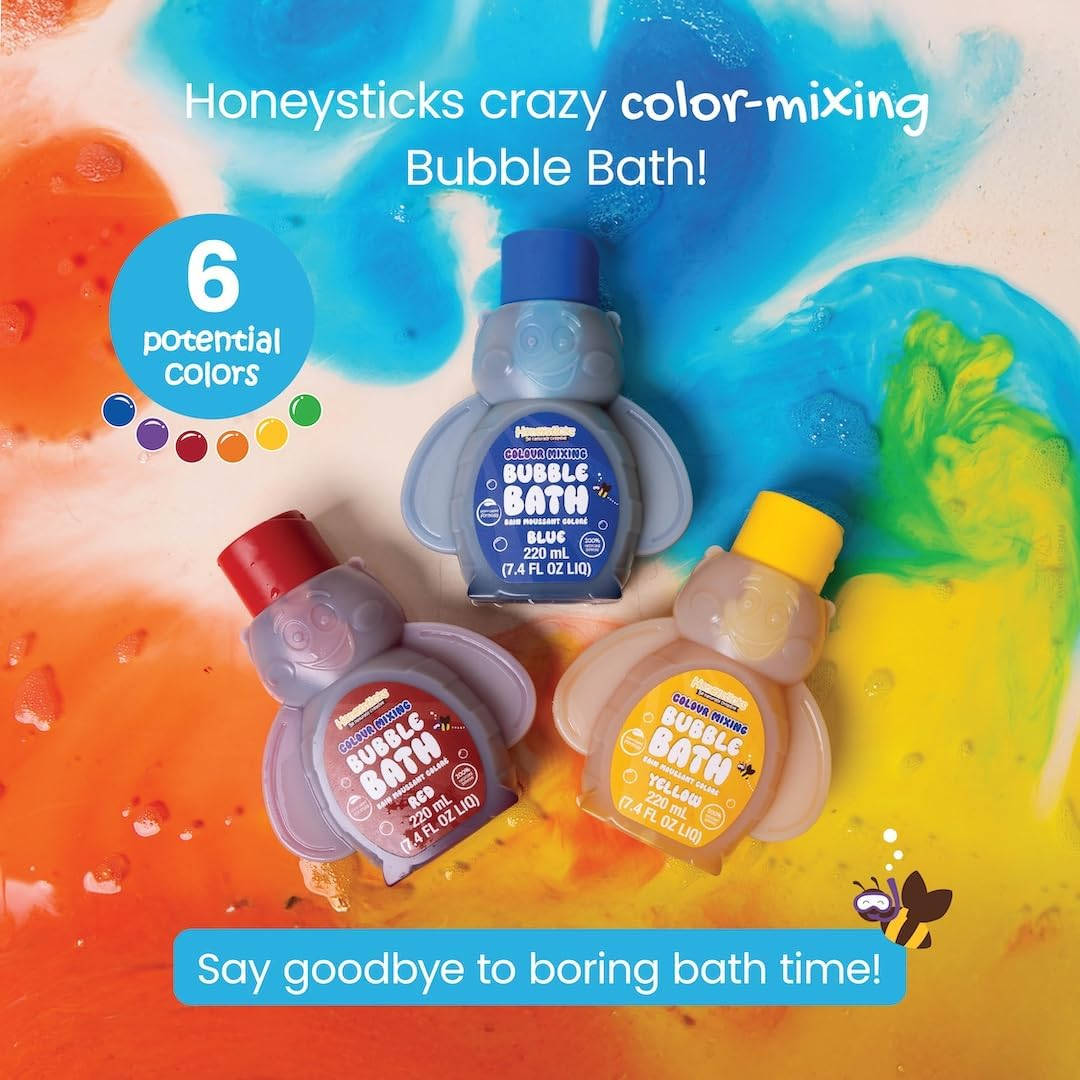 Honeysticks Kids Bubble Bath 3 Pk (Blue, Red, Yellow) - Changes Water Colour, Mix for More Colours - Super Foaming Bath Bubbles, Plant Based, Non Irritating, Safe for Toddlers 1-3, Kids 4-8, Bath Toys image number 4