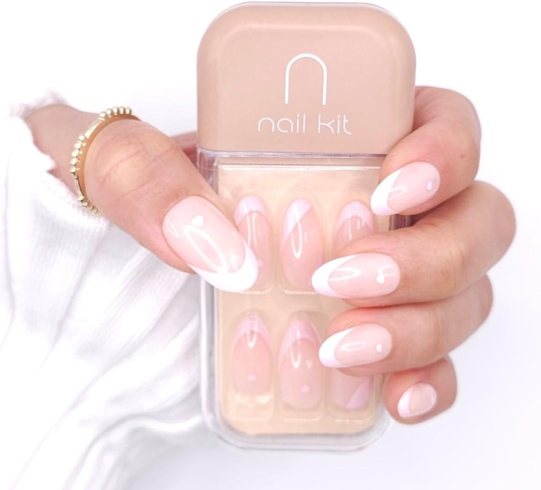 NKA FRENCH PRESS on NAILS KIT FALSE ACRYLIC FAKE NAILS -28PC DIY ALL INCLUSIVE REUSABLE MEDIUM OVAL PRESS on NAIL-FRENCH LOVE