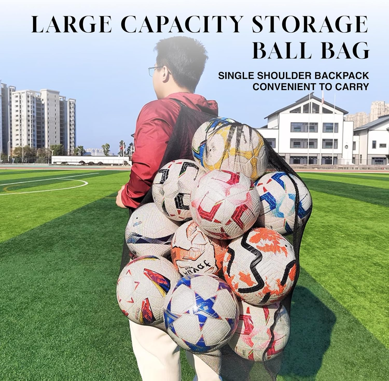 Sports Ball Bag Drawstring Mesh Medium 30X40 Inch Professional Equipment Bag with Shoulder Strap, Black Holds 10+ Soccer/Basketball Balls Ideal for Sports, Beach, Camping, and Events image number 2