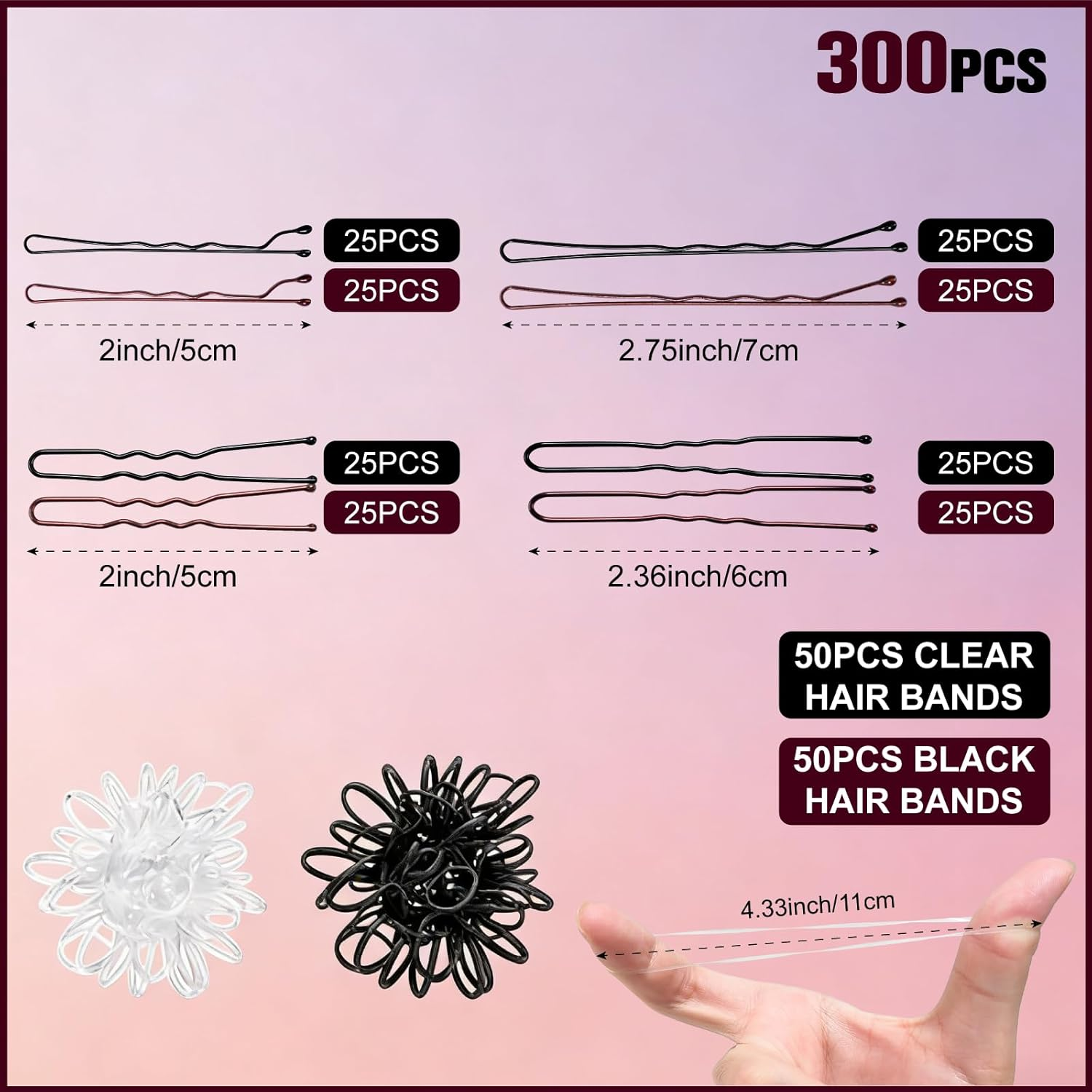 Pack of 200 Hair Pins, Bobby Pins, Hair Clips, Hair Accessories, Bun Pins, for Hair Accessories, with 50 Pieces Invisible Clear Hair Bands, 50 Pieces Black Hair Bands image number 2