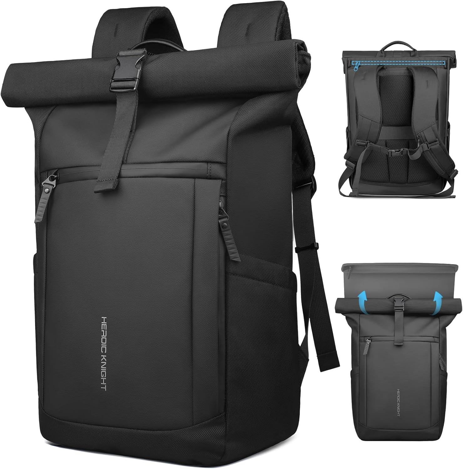 HEROIC KNIGHT Rolltop Laptop Backpack, Water-Resistant Bussiness Travel Backpack for Men Women, Expandable 20-27L Casual Daypack for 15.6 Inch Computer, Work Bag for Commute/College/Hiking,Black image number 3