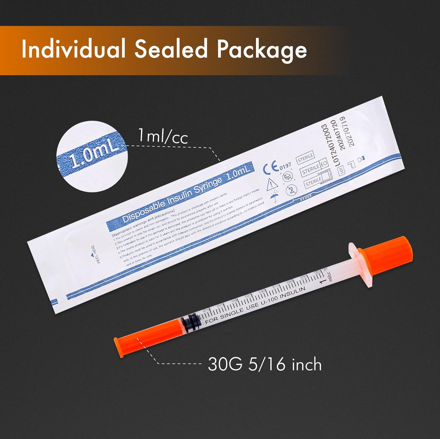 1Ml/Cc 30G 8Mm Syringes, Lab Dispensing Syringe, Individual Wrapped, Box of 50 image number 2