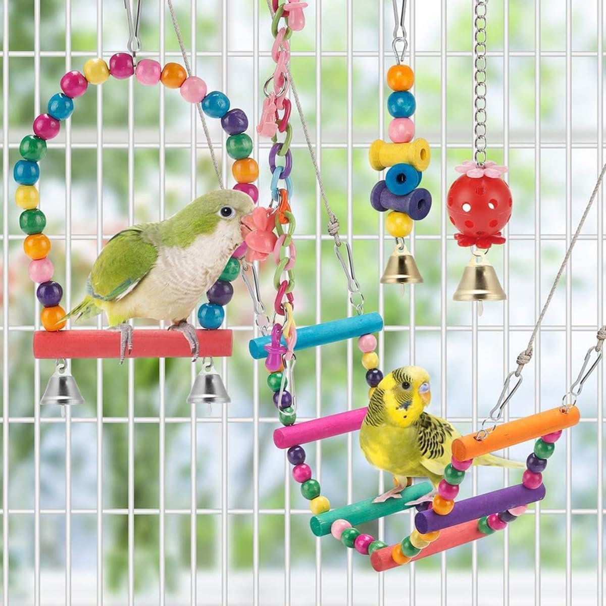 11Pcs Colorful Parrot Toy Set Birdcage Accessories, Stair Swing Rings Plastic Puzzle Ball Toys Suitable for Birds and Parrots to Play image number 4