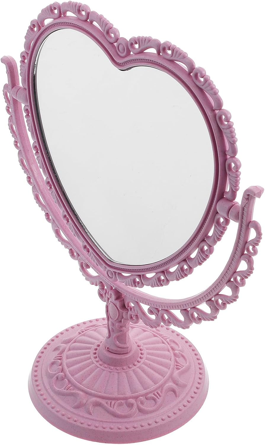 CLISPEED Double-Sided Rotating Heart Shape Vintage Makeup Mirror, Pink Desktop Table Mirror Standing Design for Women&rsquo;S Vanity and Bedroom image number 4
