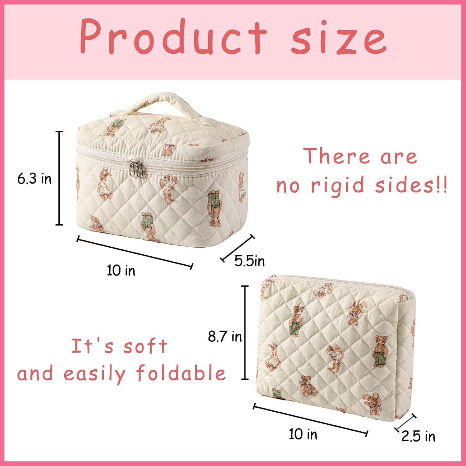 Uekeboag 2 Pcs Large Floral Quilted Makeup Bag Set for Women, Cotton Quilted Big Cosmetic Bag, Coquette Aesthetic Cute Travel Toiletry Bag, 01White Bear - 3Pcs Dot Bear image number 3