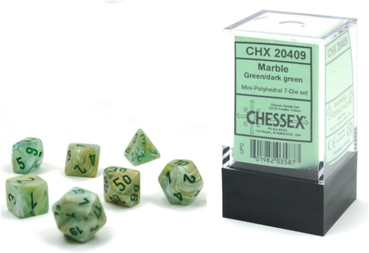 Chessex Mini Polyhedral 7D Marble Style Dice Set, Green/Dark Green (7 Piece)