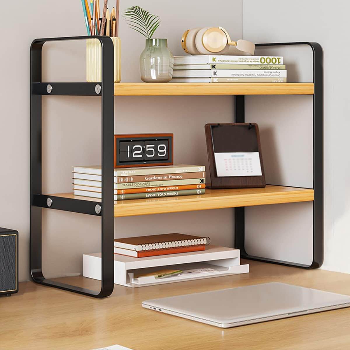 Desktop Organizer, Office Desk Storage Shelf, Desktop Bookcase Wood Bookshelf (Black + Wood) image number 5