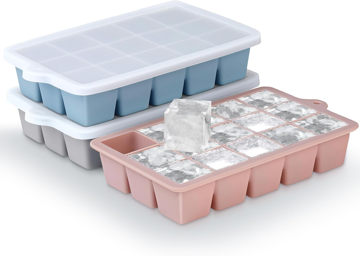 Ice Cube Trays Set of 3, Easy Release 15 Flexible Silicone Ice Cube Molds with Removable Lid Reusable Freezer Ice Trays Stackable for Whiskey, Baby Food (3, Blue+Grey+Pink)