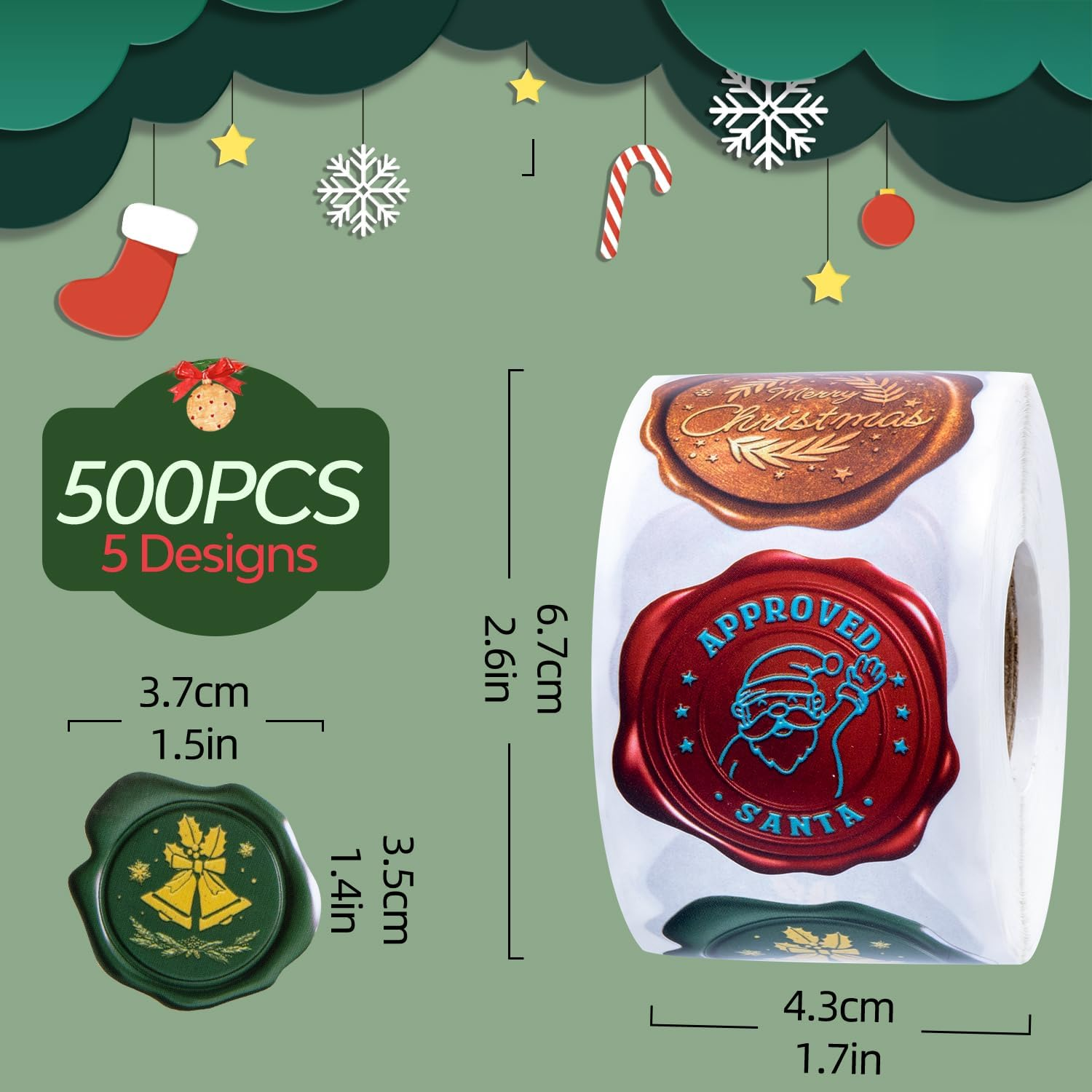 Christmas Wax Seal Sticker Roll - 500-Count Self-Adhesive Vintage Christmas Seals for Envelopes, Gift Wrapping, Cards, and Holiday Decor - Includes Santa, Christmas Tree, Bells & More Festive Designs