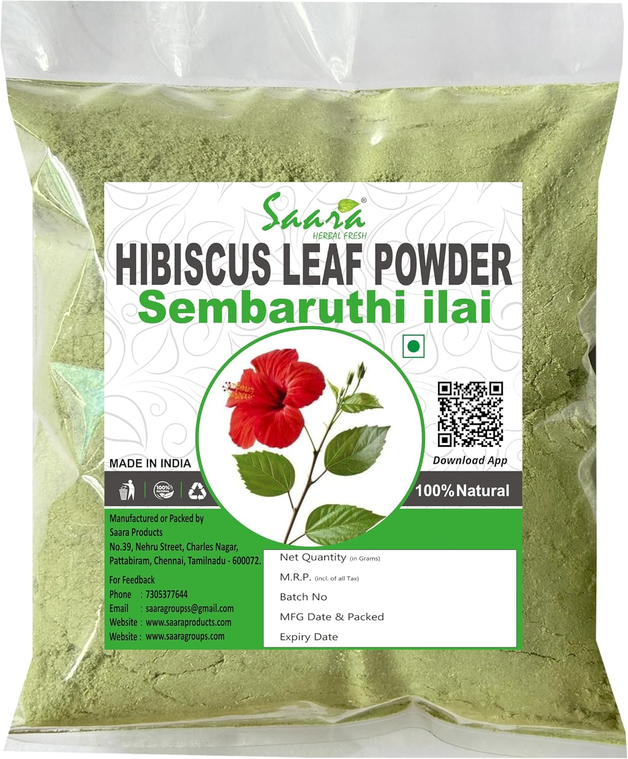 Saara HERBAL FRESH Hibiscus Leaf Powder,100G, Sembaruthi Leaf Powder, Jasus, Gudhal, Dasanamu, Chembarathi, Dasavala Leaf Powder, (Pack of 1 X 100G) image number 4