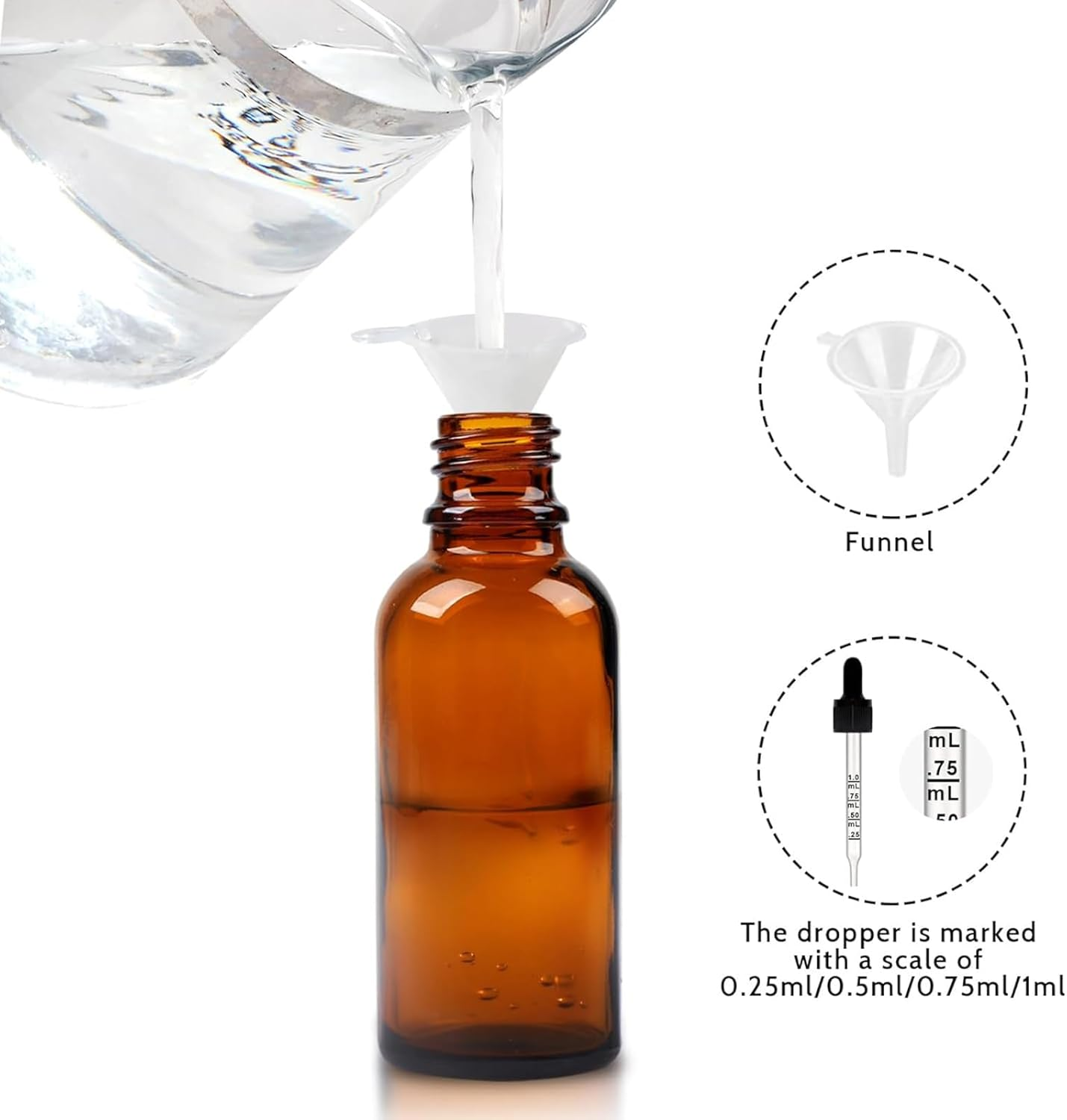 Uptuoli Dropper Bottles, 5Pcs Glass Droppers Bottles with 1 Funnel, Glass Eye Dropper Bottle with Graduated Pipette, Leakproof Essential Oils Dropping Bottle with Measured Droppers image number 5