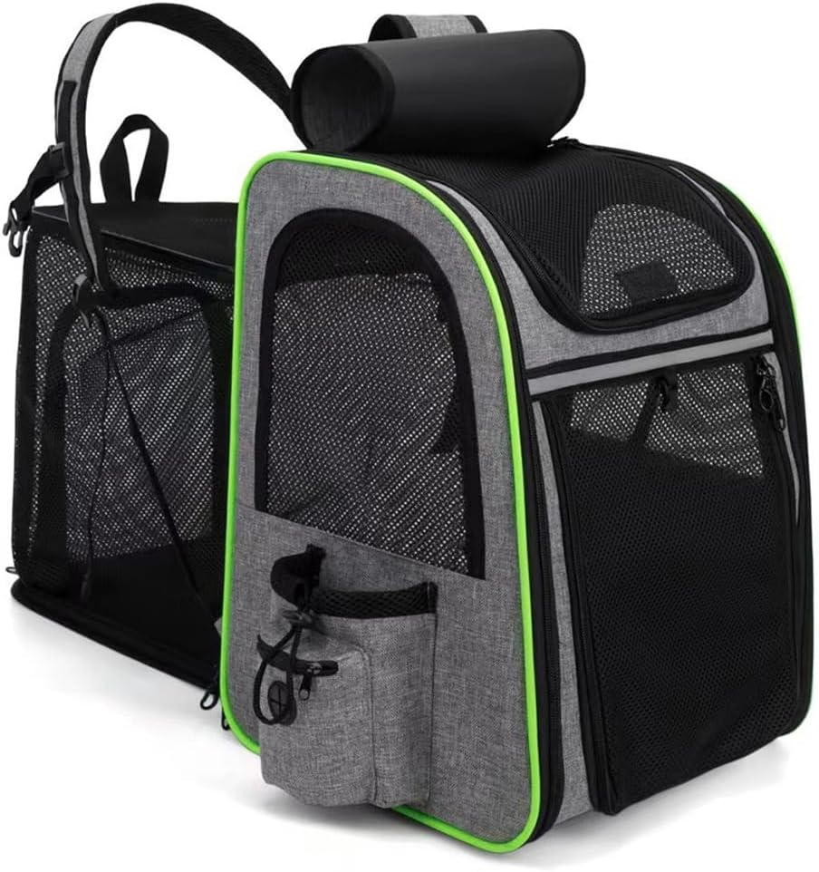 Portable Cat Backpack with Breathable Mesh Pet Backpack Large Capacity Expandable Backpack for Small Dogs, Puppies, Medium Cats, Suitable for Hiking, Camping, Outdoor Activities. (Fluorescent Green)