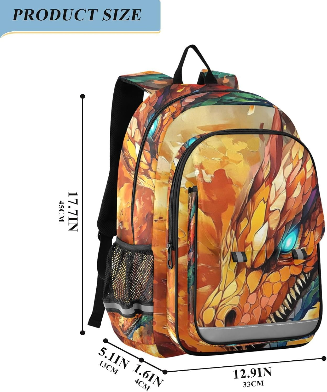 XYMZR Dragon Art Colorful Backpack Travel Laptop Daypack Shoulder Bag Book Bag Daypack with Reflective Strip 12.9 &times;17.7 IN image number 4