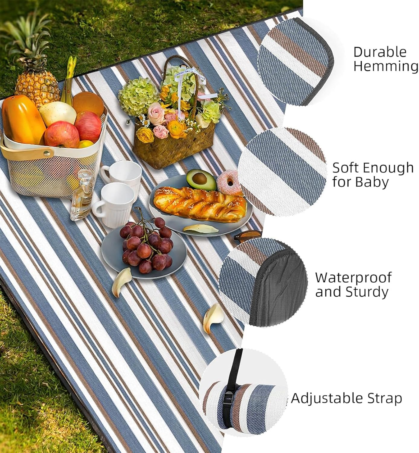 Zalizr Extra Large Waterproof Picnic Blanket, 200 X 200 CM, Foldable 3-Layer Outdoor Mat for 6-8 Adults, Portable Picnic Mat with Carry Strap for Camping, Beach, Park, Grass & Indoor Use image number 4