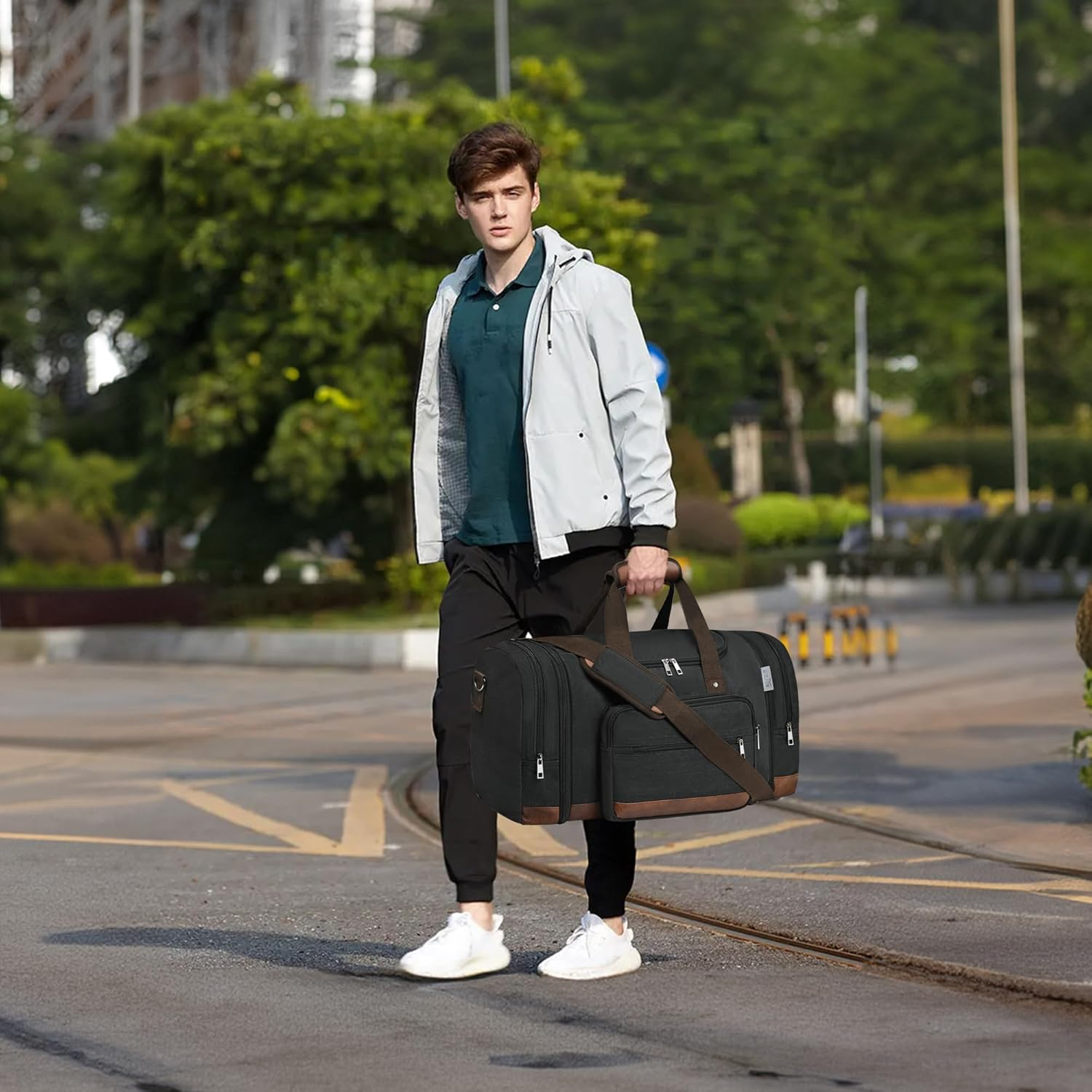 Wolhbege Duffle Bag for Travel,Mens Travel Bag & Carry on Bag for Men with Expandable Design and Luggage Sleeve &ndash;Duffel Bag for Gym, Weekender, Overnight Trips, Black, Carry on 22 Inch, Canvas Travel image number 3