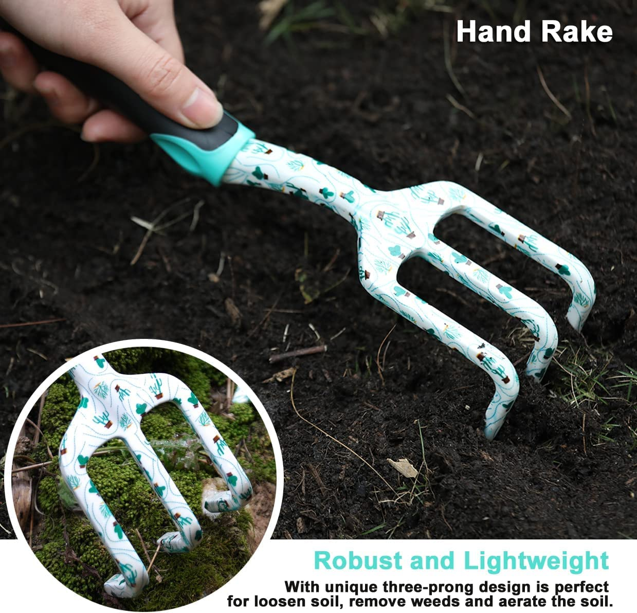 ESOW Garden Tool Set with Non-Slip Rubber Handle, 3 Piece Cast-Aluminum Heavy Duty Gardening Kit Includes Hand Trowel, Transplant Trowel and Cultivator Hand Rake, Cactus Pattern Printed image number 3