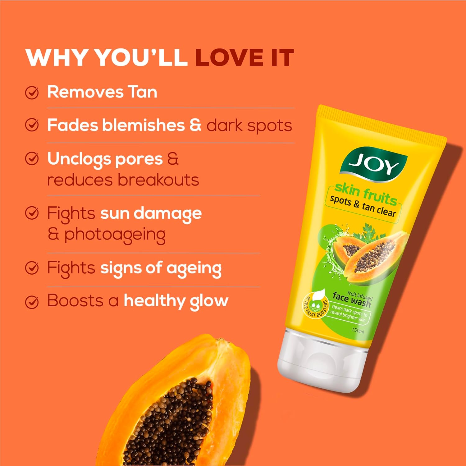 Joy Skin Fruits Spots & Tan Clear Face Wash | with Real Papaya Extracts & Active Fruit Boosters | Exfoliates and De-Tans Skin | Papaya Face Wash for Normal to Dry Skin | Pack of 2 X 100 Ml image number 5