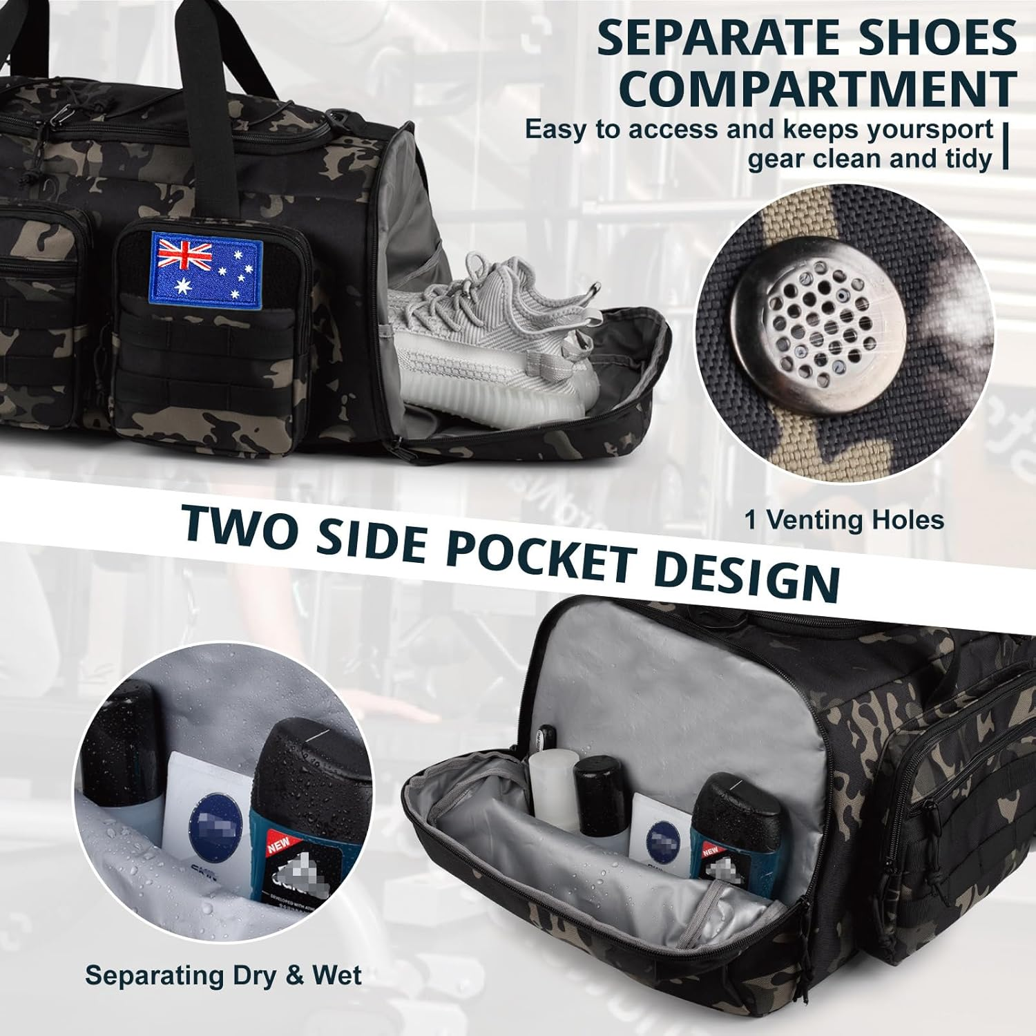 Tactical Gym Bag for Men，50L Large 3 in 1 Sports Duffle Bag with Shoes Compartment for Travel,Water Resistant Travel Backpack Weekender Overnight Bag with Wet Pocket for Women image number 5