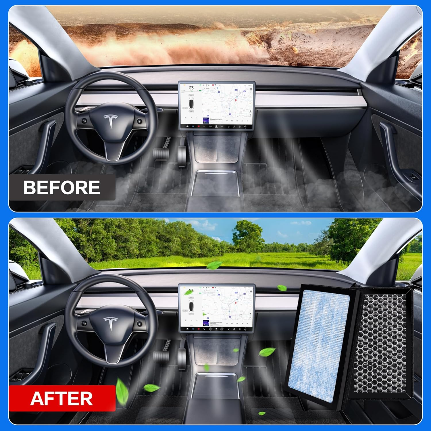 Tesla HEPA Cabin Air Filter with Activated Carbon, Air Conditional Replacement Accessories Compatible with Tesla Model 3 2016 to 2026+ Highland Model Y 2020 to 2026+ Juniper (2 Pack) image number 2