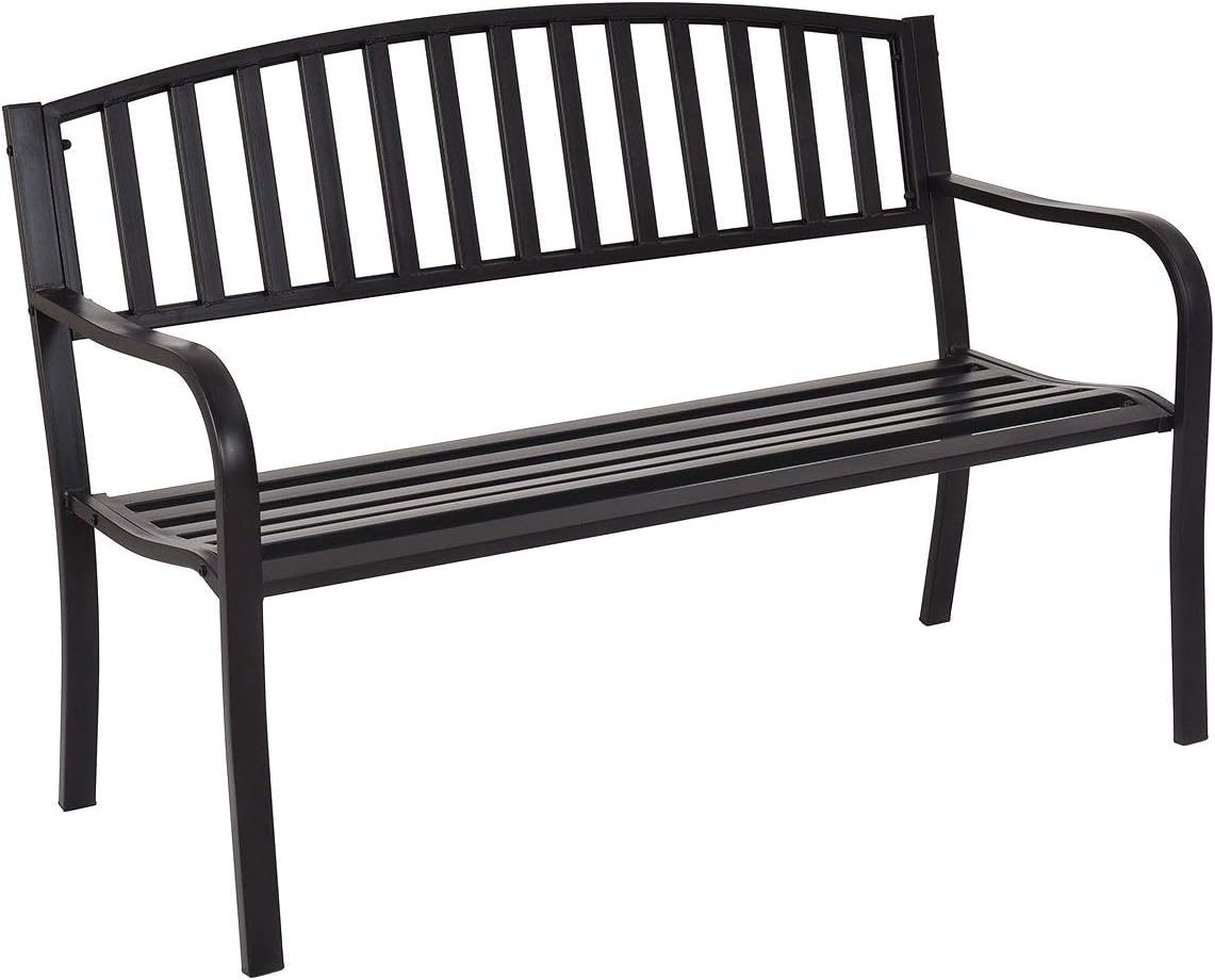 Costway 300KG Loaded Steel Garden Bench, Outdoor Patio Bench with Streak Design, Robust Steel Frame, High Backrest and Armrests, Patio Garden Bench, Outdoor Furniture, Suitable for Lawn, Deck image number 2