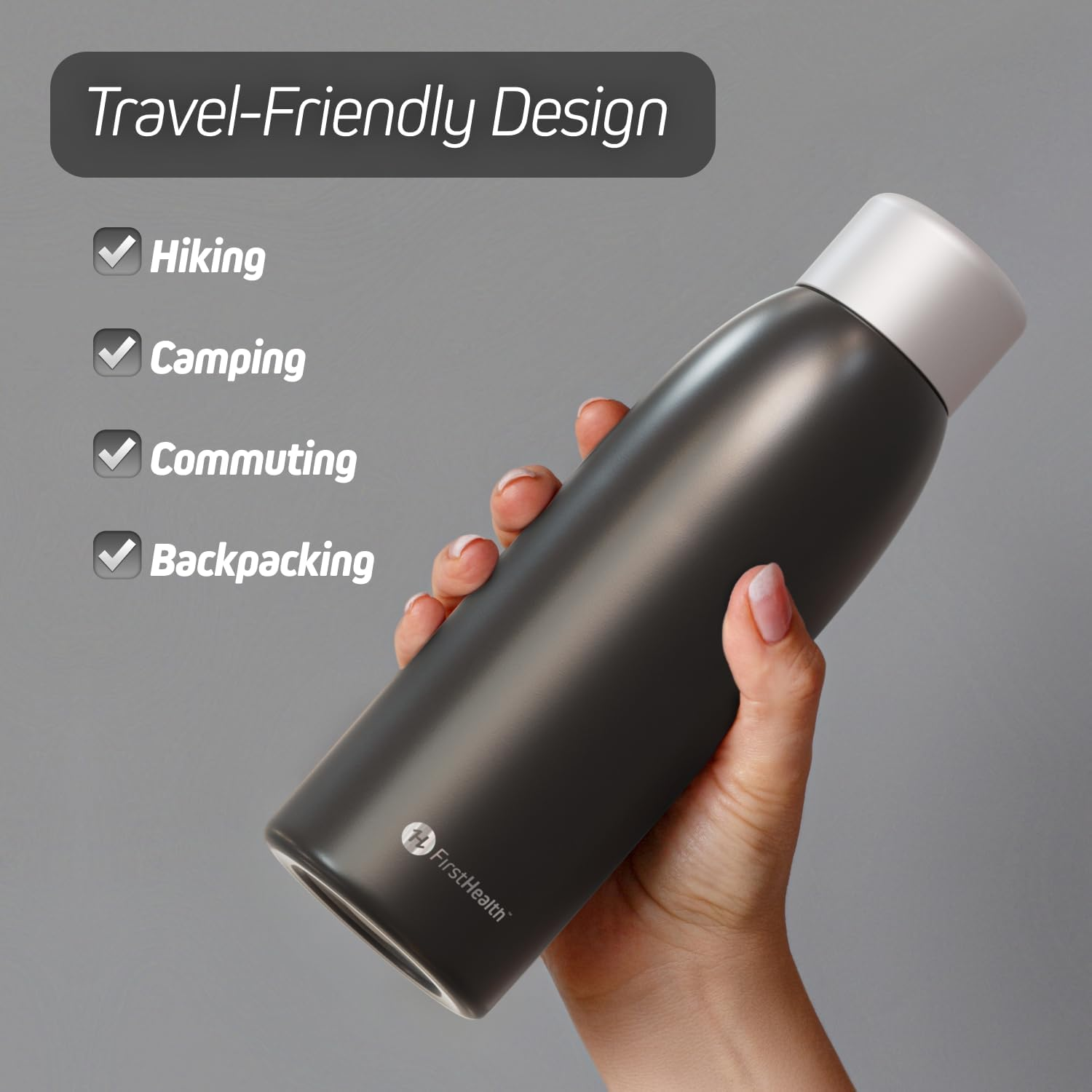 FIRSTHEALTH UV Self-Cleaning and Water-Purifying Bottle -18 Ounce Insulated Rechargeable Stainless-Steel Tumbler, Reusable, Kills 99.9% of Germs, Bacteria. Keeps Hot for 12-HR or Cold for 24-HR image number 4