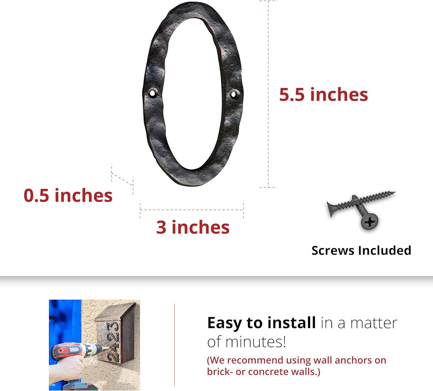 NACH House Numbers, 5.5 Inch Black Address Number 9 for outside - Rustic with Mounting Hardware image number 5