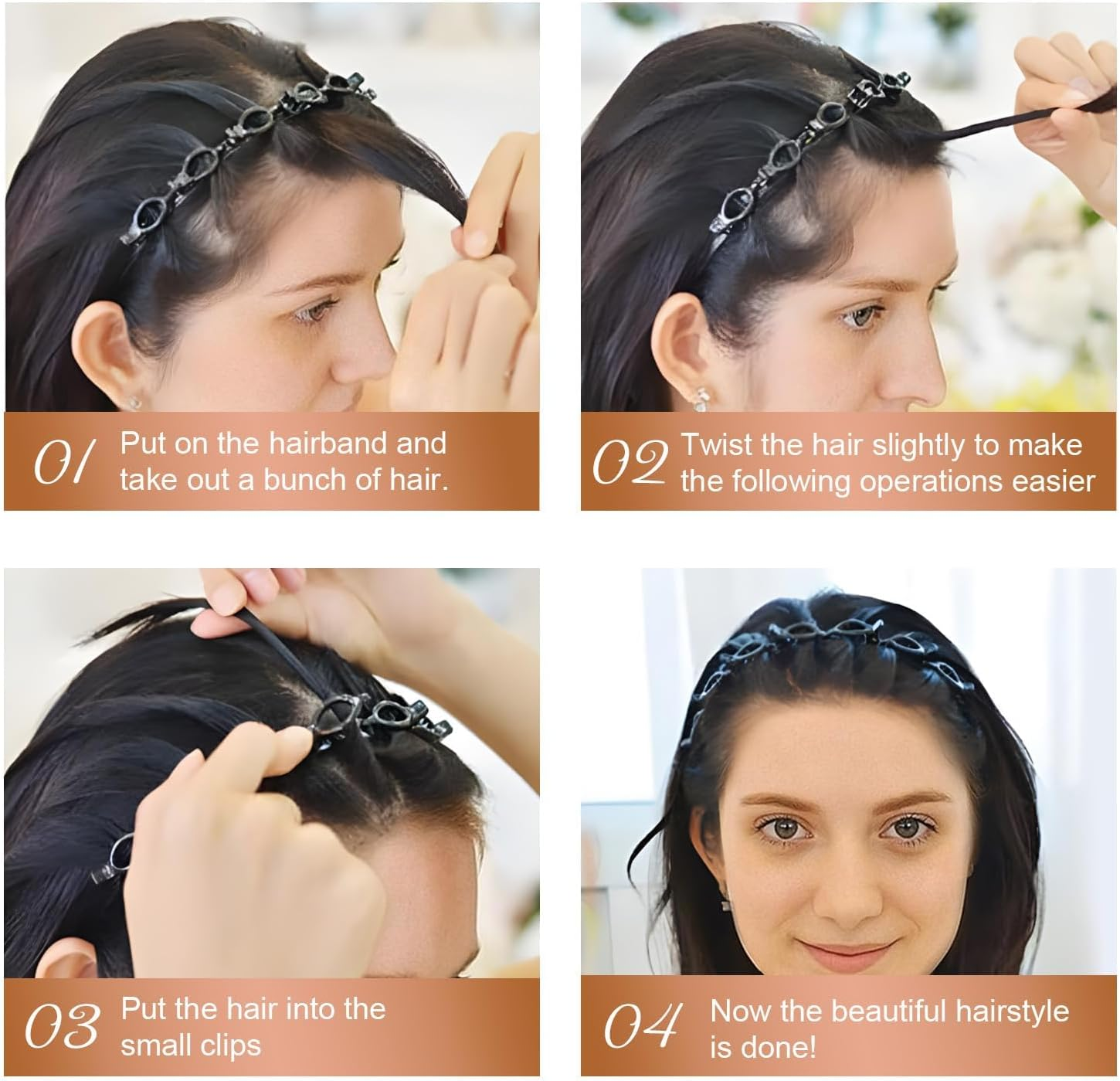 Pack of 6 Premium Hair Bands with Girls, Headbands with Clips Hold for Pony & Curls Twist Styling Headband for Women & Girls Headband with Safety Clips in Black image number 6